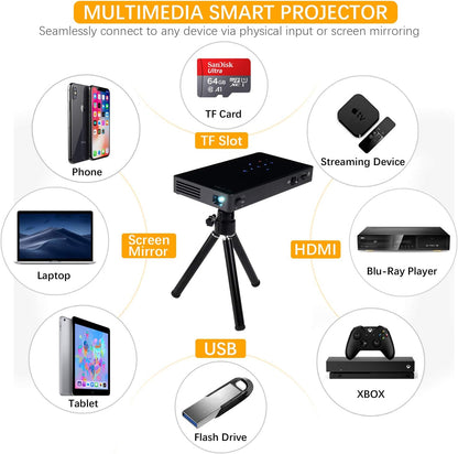 Pocket Portable Mini Projector, 1080P Pico Bluetooth Video Wifi DLP Projector HD Support Android 7.1 HDMI USB TF Card for Home Cinema , Wireless Display for Iphone Home Projector