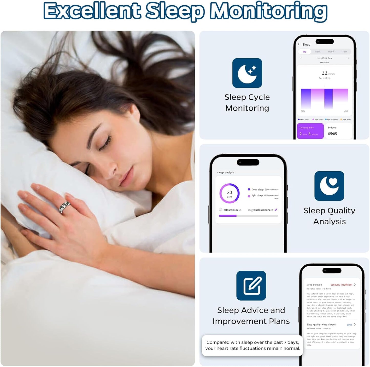 Smart Health Monitoring Ring with Sleep and Activity Tracking, Heart Rate Monitoring, Waterproof Design, Air Gesture Control, Up to 7-Day Battery Life, Compatible with iOS and Android (Stylish Silver#8)