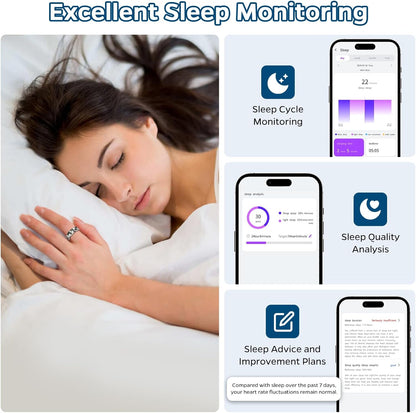 Smart Health Monitoring Ring with Sleep and Activity Tracking, Heart Rate Monitoring, Waterproof Design, Air Gesture Control, Up to 7-Day Battery Life, Compatible with iOS and Android (Stylish Silver#8)