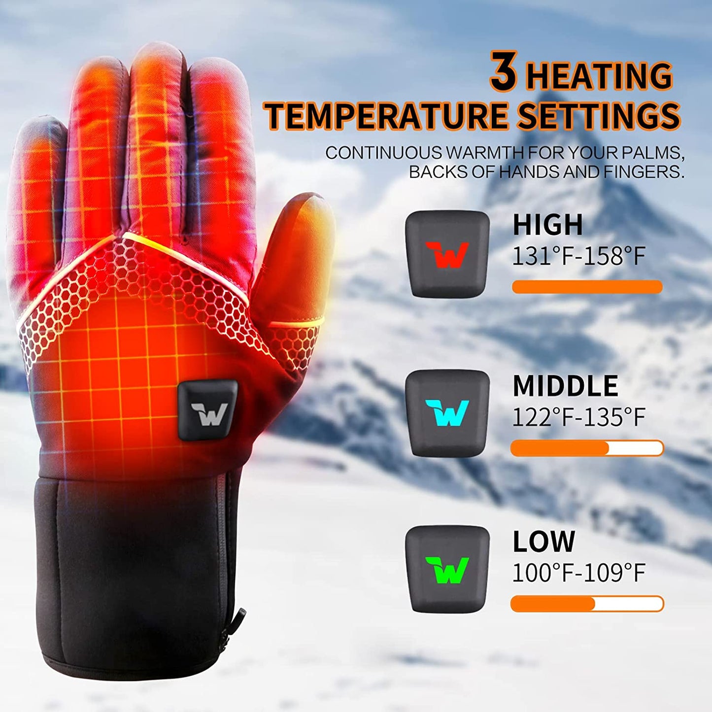 Electric Heated Gloves for Men and Women with Three Heating Levels, Touchscreen Capability, and Waterproof Design for Skiing and Snowboarding