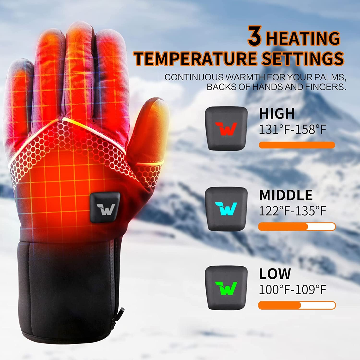 Electric Heated Gloves for Men and Women with Three Heating Levels, Touchscreen Capability, and Waterproof Design for Skiing and Snowboarding