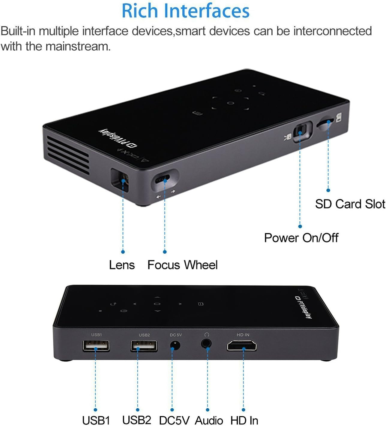 Pocket Portable Mini Projector, 1080P Pico Bluetooth Video Wifi DLP Projector HD Support Android 7.1 HDMI USB TF Card for Home Cinema , Wireless Display for Iphone Home Projector