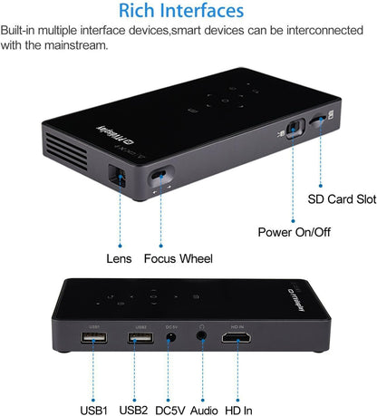 Pocket Portable Mini Projector, 1080P Pico Bluetooth Video Wifi DLP Projector HD Support Android 7.1 HDMI USB TF Card for Home Cinema , Wireless Display for Iphone Home Projector