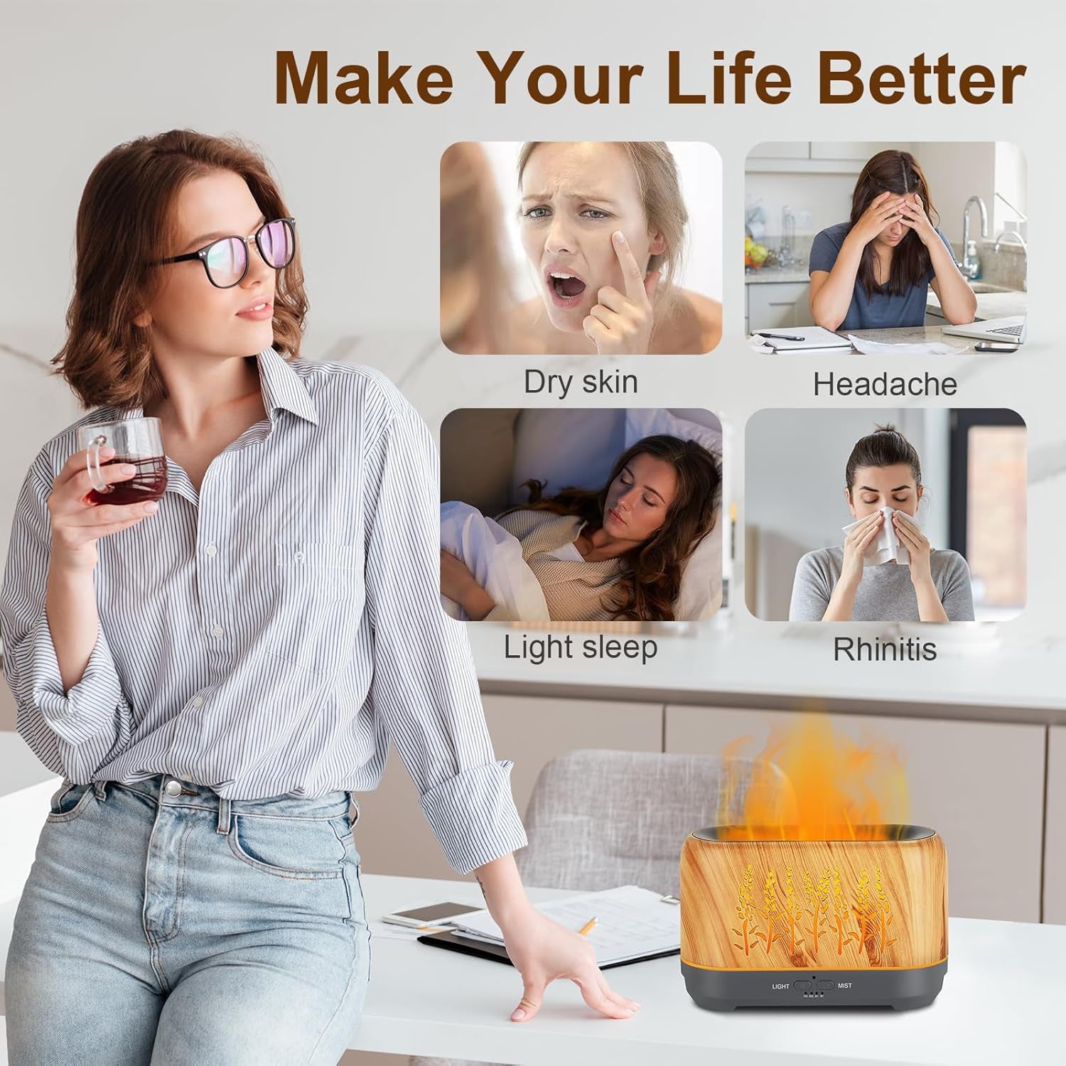 Aromatherapy Oil Diffuser for Room: Ultrasonic Cool Mist Diffuser Spreads Scent around Room- Color Flame Ambient Light Diverse Realistic and Romantic Effect